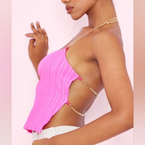 PrettyLittleThings Hot Pink Textured Rib Chain Lace Up Crop Tank Top - size 8 - Picture 15 of 15